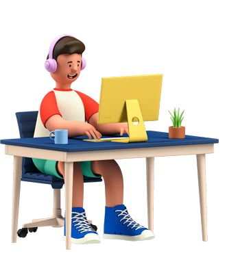 Picture of a man at a desk, wearing headphones while working on digital marketing services for real estate.